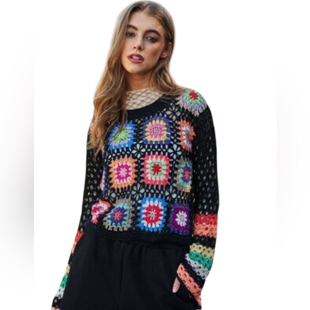 Davi&Dani Women’s Grandma Square Crochet Sweater Size Med Black Multicolor NWOT